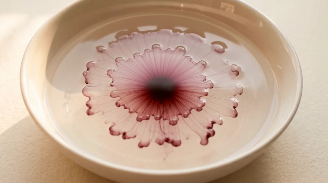 Ein Tropfen Tusche hat sich in klarem Wasser zu einer weichen Wolke geöffnet