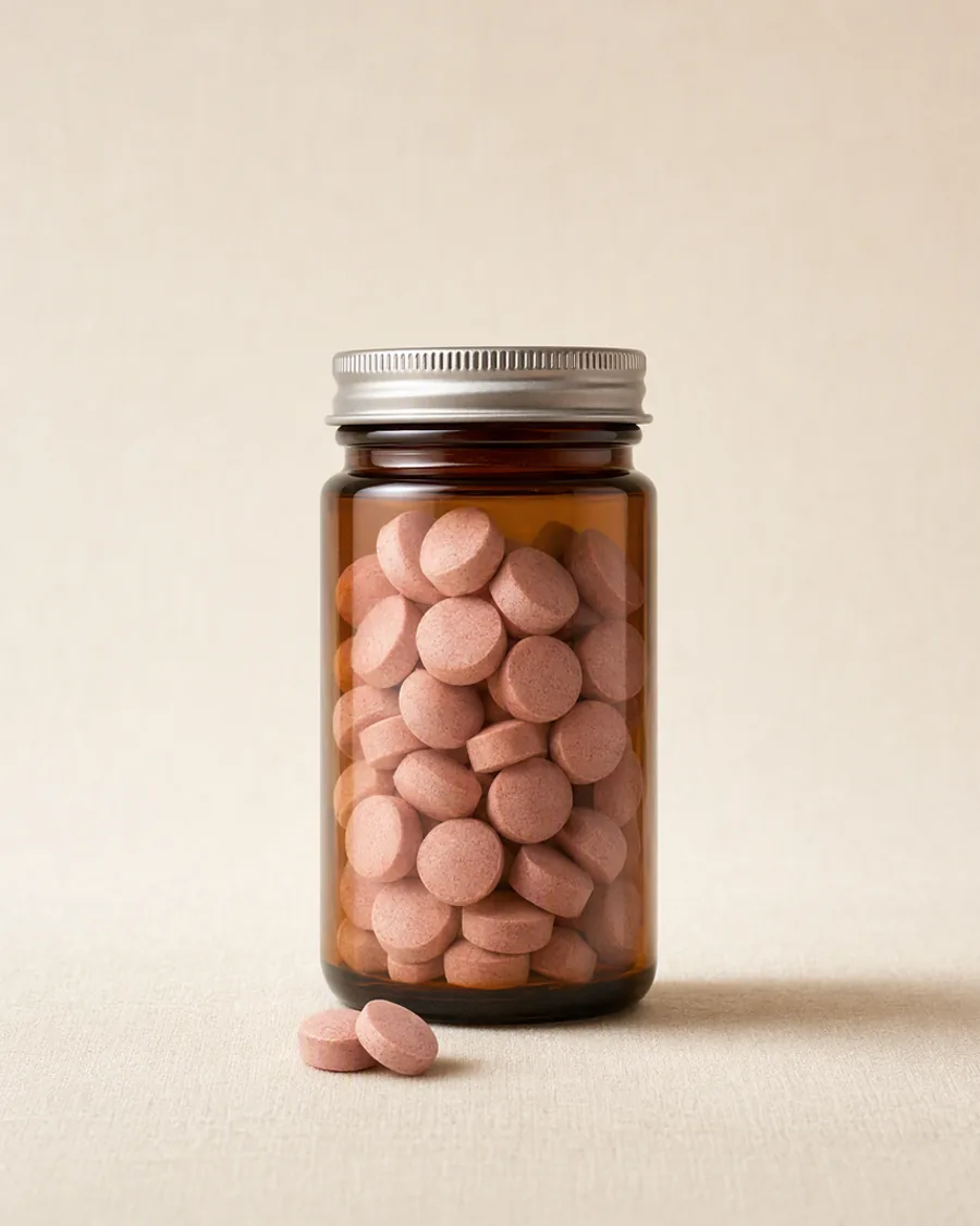 Braunglas mit Schraubdeckel und zwei rosafarbenen Kautabletten auf Leinen
