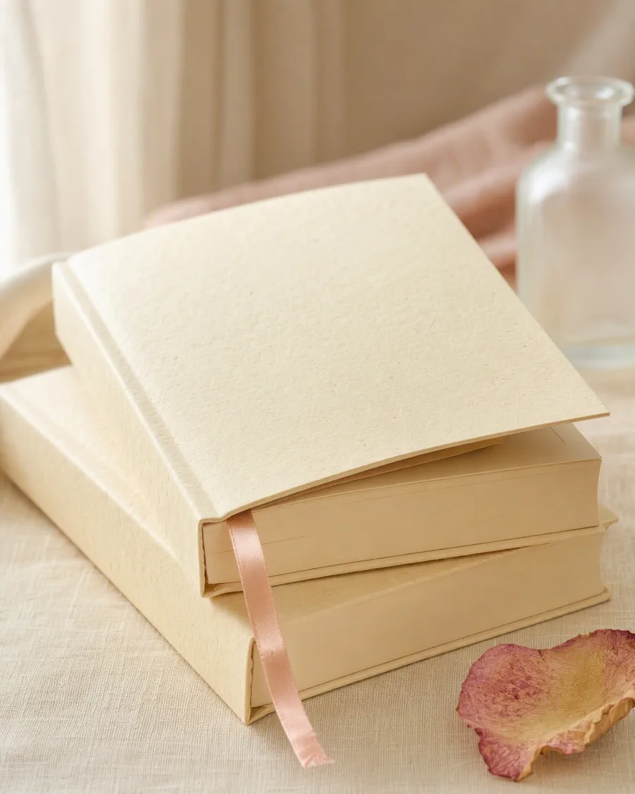 Zwei Bücher mit cremefarbenen Umschlägen und einem rosa Lesebändchen