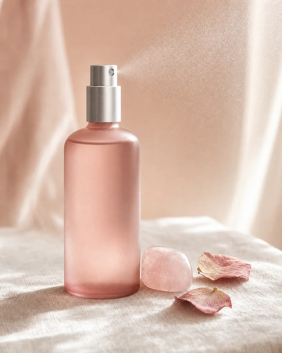 Mattierte Sprühflasche in Rosé mit feinem Sprühnebel und Rosenquarz