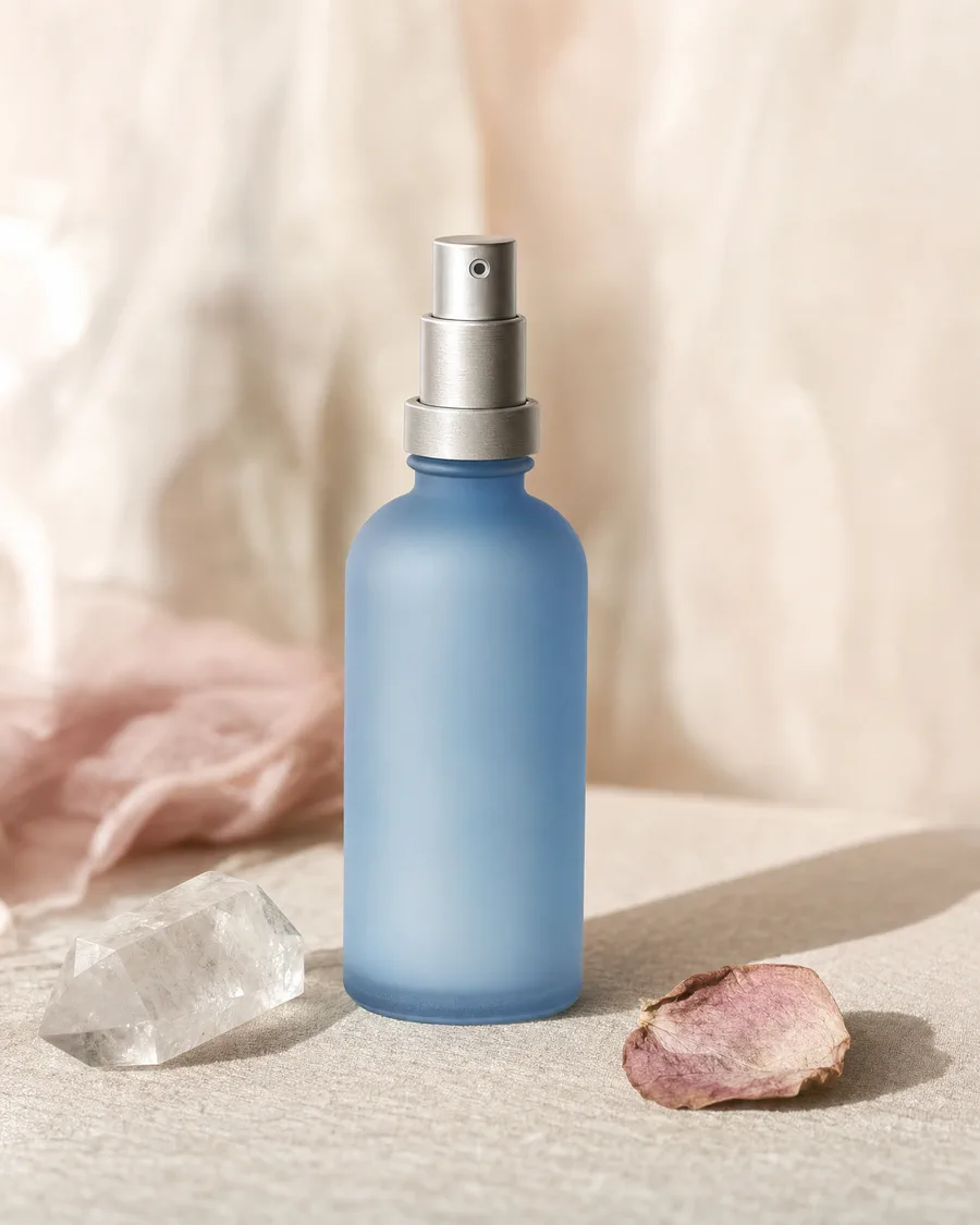 Mattierte Sprühflasche in Puderblau neben Bergkristall und Rosenblatt